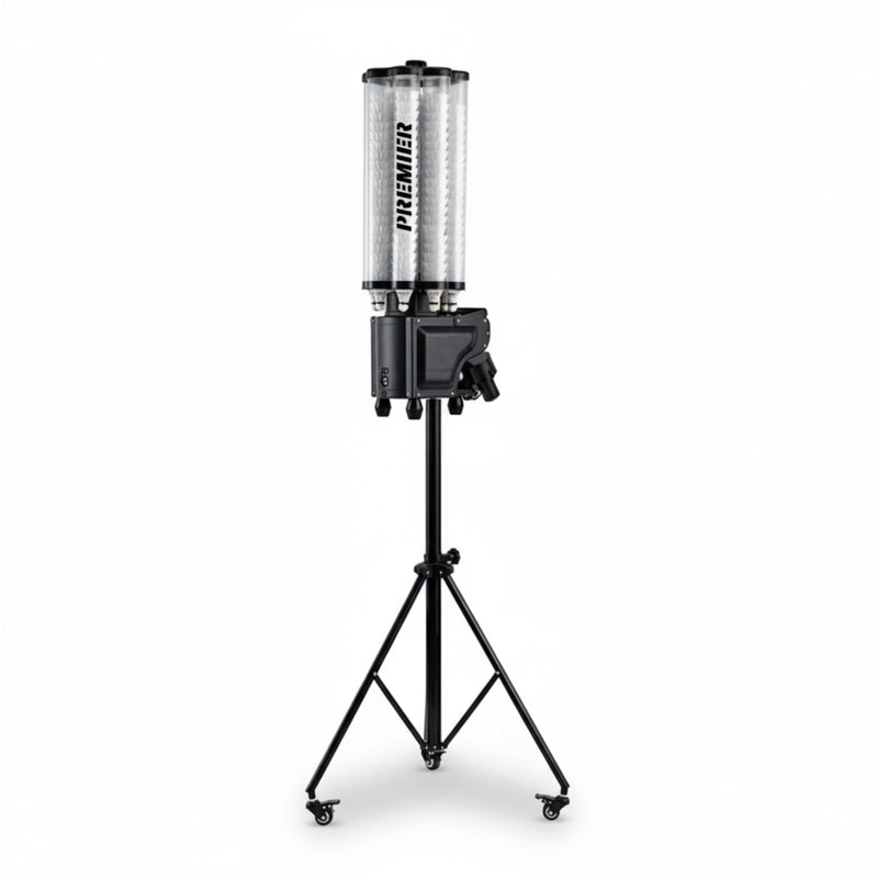 Serve Elite+ badminton training machine on its wheeled tripod