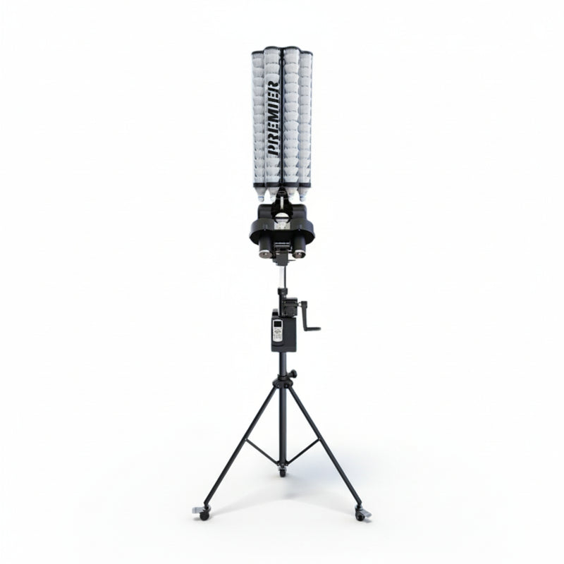 Serve Elite badminton training machine on its wheeled tripod