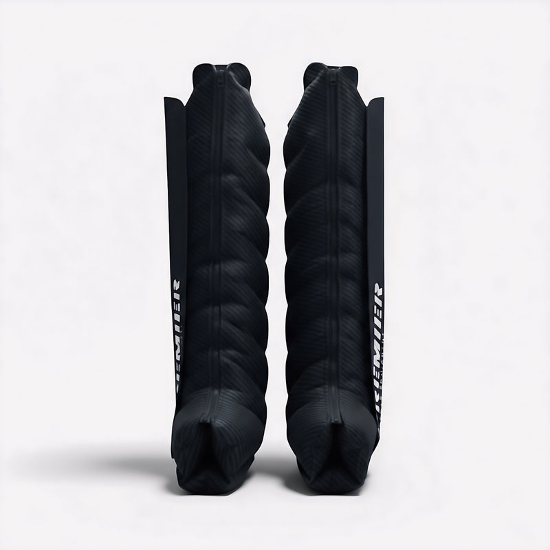 AeroBoots compression boots standing upright, full length
