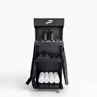 The Premier Recovery Station, black, with two ProGun IR on the top shelf, the control units below and the boots and sleeves at the sides