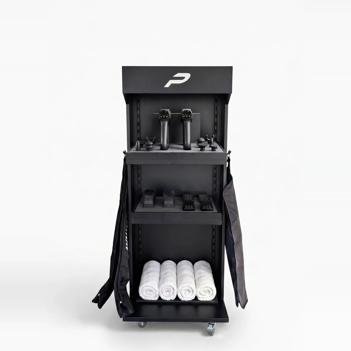 The Premier Recovery Station, black, with two ProGun IR on the top shelf, the control units below and the boots and sleeves at the sides